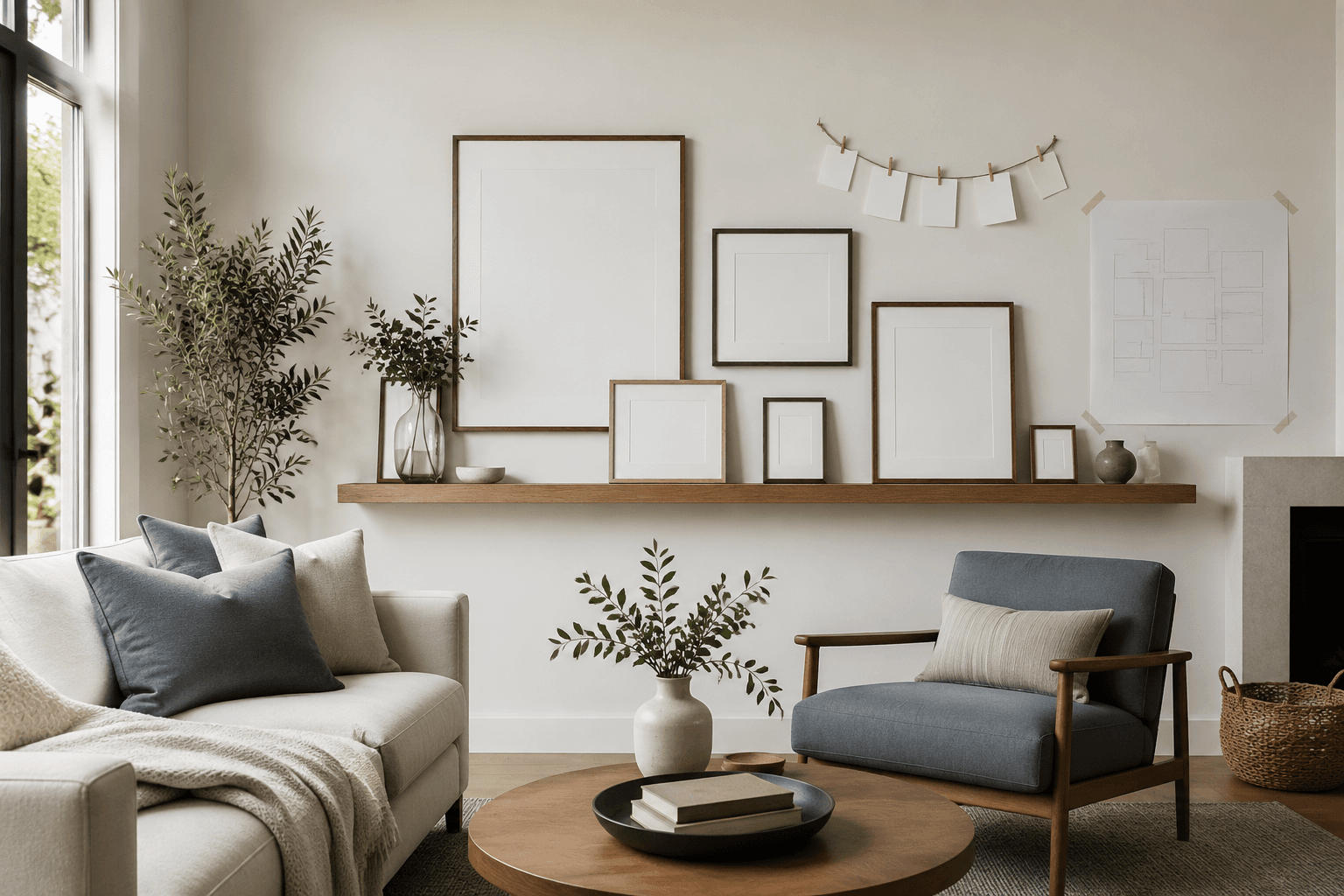 Calm living room gallery wall with blank frames, a picture ledge and a photo clip garland