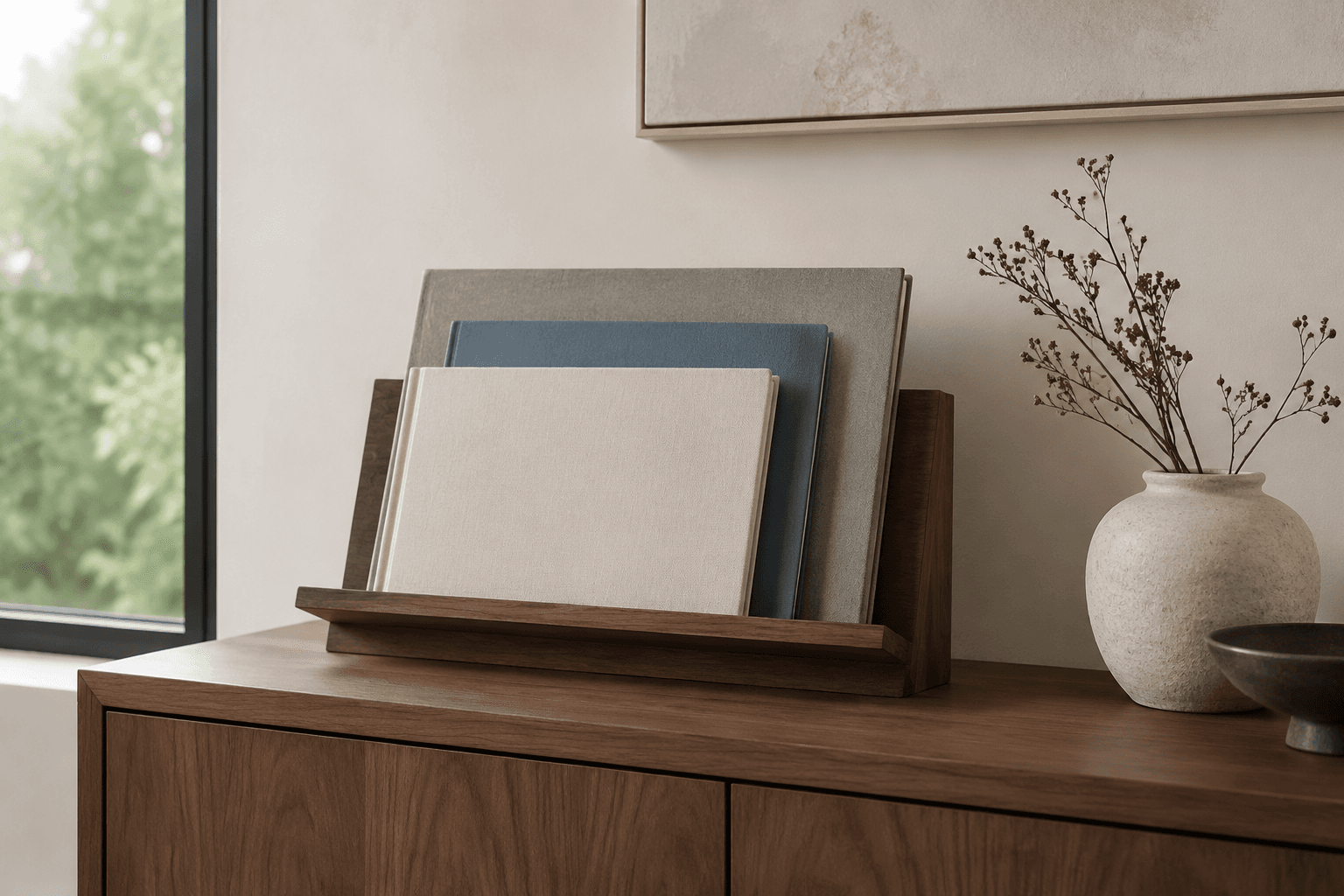 Album Display Stand styled in a home setting