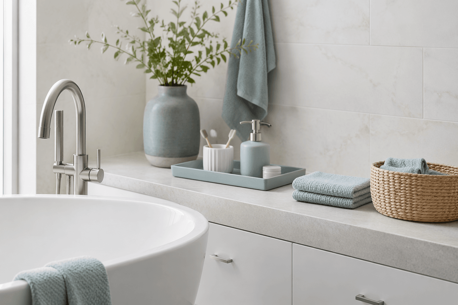 A calm, organised bathroom corner