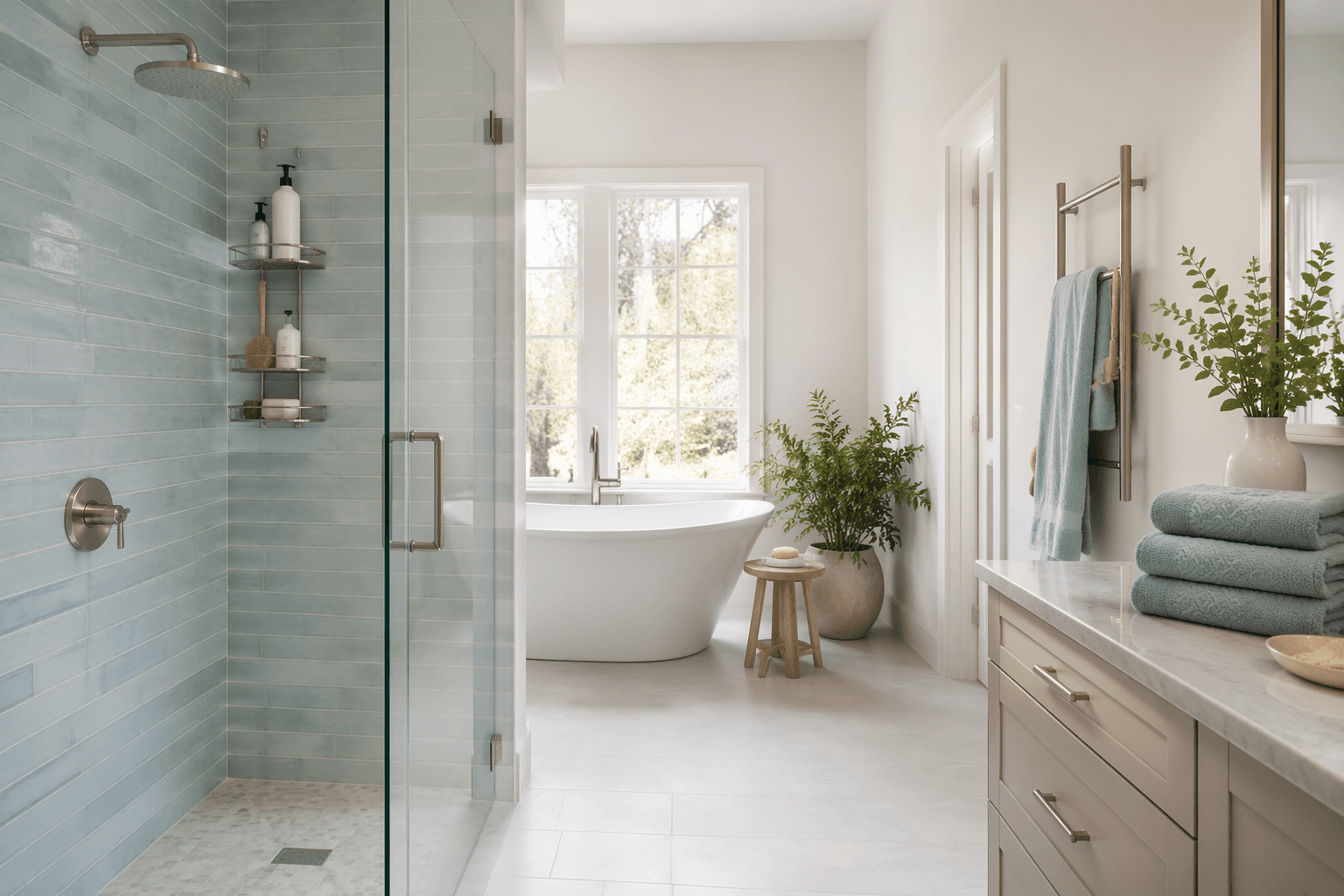 A calm, organised bathroom with a glass shower screen and folded towels